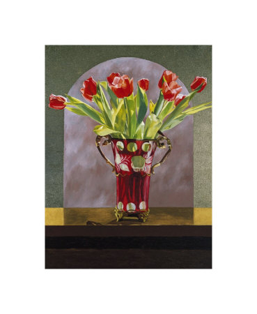 Red Tulips In A Cranberry Vase by Helen Vaughn Pricing Limited Edition Print image