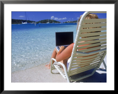 Woman On Beach With Laptop by Guy Crittenden Pricing Limited Edition Print image