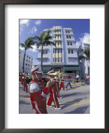 Art Deco Architcture With Marching Band, South Beach, Miami, Florida, Usa by Robin Hill Pricing Limited Edition Print image