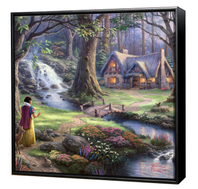 Snow White Discovers Cottage - Framed Fine Art Print On Canvas - Black Frame by Thomas Kinkade Pricing Limited Edition Print image