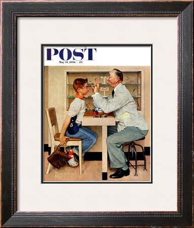 At The Optometrist Or Eye Doctor Saturday Evening Post Cover, May 19,1956 by Norman Rockwell Pricing Limited Edition Print image
