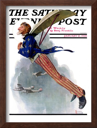 Flying Uncle Sam Saturday Evening Post Cover, January 21,1928 by Norman Rockwell Pricing Limited Edition Print image