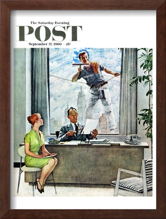 Window Washer Saturday Evening Post Cover, September 17,1960 by Norman Rockwell Pricing Limited Edition Print image