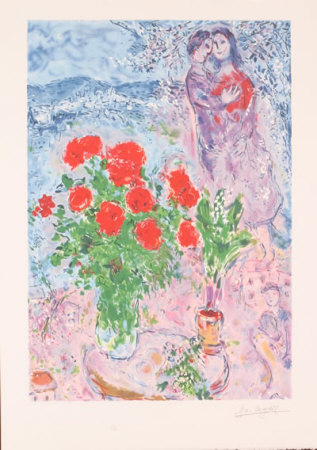 Red Bouquet With Lovers by Marc Chagall Pricing Limited Edition Print image