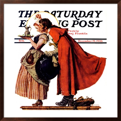 Mistletoe Kiss Or Feast For A Traveler Saturday Evening Post Cover, December 19,1936 by Norman Rockwell Pricing Limited Edition Print image