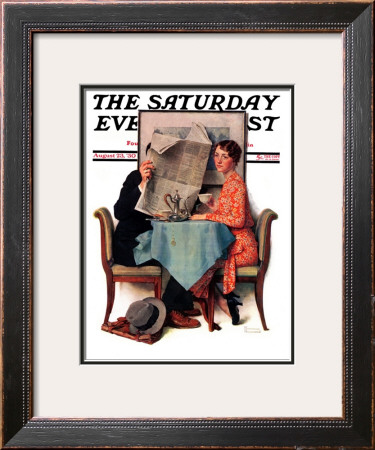 Breakfast Table Or Behind The Newspaper Saturday Evening Post Cover, August 23,1930 by Norman Rockwell Pricing Limited Edition Print image
