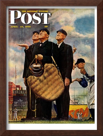 Bottom Of The Sixth  (Three Umpires) Saturday Evening Post Cover, April 23,1949 by Norman Rockwell Pricing Limited Edition Print image