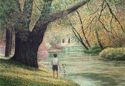 Park, Child And Dog Behind The River by Harold Altman Pricing Limited Edition Print image