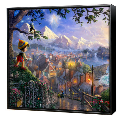 Pinocchio Wishes Upon A Star -  Framed Fine Art Print On Canvas - Black Frame by Thomas Kinkade Pricing Limited Edition Print image