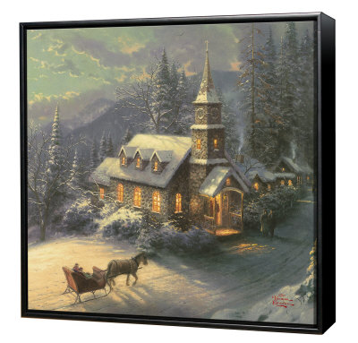 Sunday Evening Sleigh Ride - Framed Fine Art Print On Canvas - Black Frame by Thomas Kinkade Pricing Limited Edition Print image