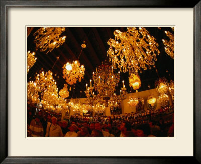People Looking At Chandeliers Hanging From Ceiling, Murano, Venice, Italy by Jon Davison Pricing Limited Edition Print image