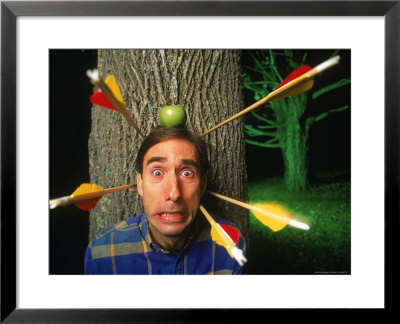 Man With Arrows Being Shot At His Head by Dan Gair Pricing Limited Edition Print image