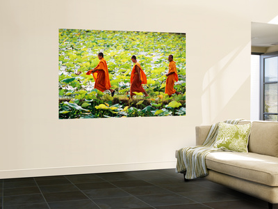Buddhist Monks Walk Through A Lily Pond In The Village Of Bavel by Jerry Galea Pricing Limited Edition Print image
