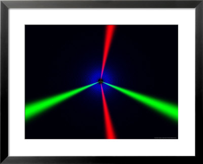 Red And Green Beams On Black Background With Blue Rings by Albert Klein Pricing Limited Edition Print image