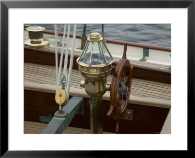 Ship's Wheel And Compass At The Helm Of A Wooden Sailboat, Mystic, Connecticut by Todd Gipstein Pricing Limited Edition Print image