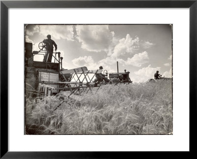 Kansas Farmer Driving Farmall Tractor As He Pulls A Manned Combine During Wheat Harvest by Margaret Bourke-White Pricing Limited Edition Print image