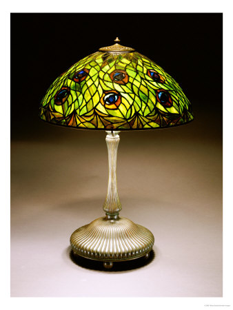 A Peacock Leaded Glass And Bronze Table Lamp by Tiffany Studios Pricing Limited Edition Print image