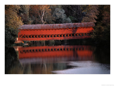 Morning Light Reflects Red Covered Bridge In River by Stephen St. John Pricing Limited Edition Print image