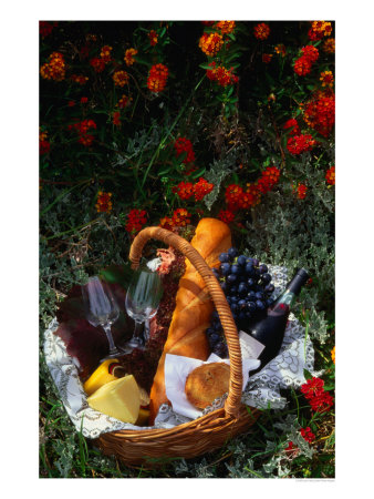 Picnic Basket (Wine, Bread & Cheese) In Bed Of Flowers, Western Australia, Australia by John Hay Pricing Limited Edition Print image