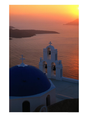 Blue-Domed Church At Sunset, Fira, Santorini Island, Southern Aegean, Greece by Glenn Beanland Pricing Limited Edition Print image