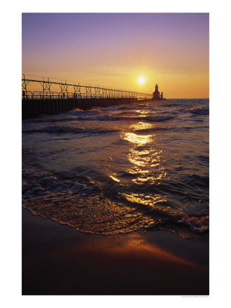 Sunset At Lighthouse, Lake Michigan, Mi by Mark Gibson Pricing Limited Edition Print image