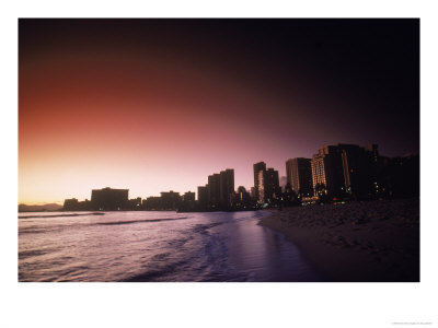 Beach And City Skyline At Sunset, Hi by Doug Mazell Pricing Limited Edition Print image