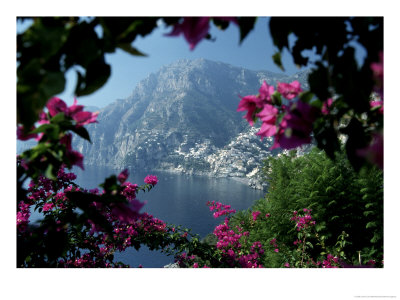 Positano And The Amalfi Coast Through Bougainvilla Flowers, Italy by John & Lisa Merrill Pricing Limited Edition Print image