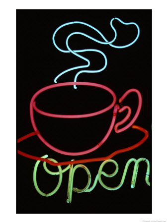 Neon Steaming Coffee Cup And The Word Open by Stephen St. John Pricing Limited Edition Print image