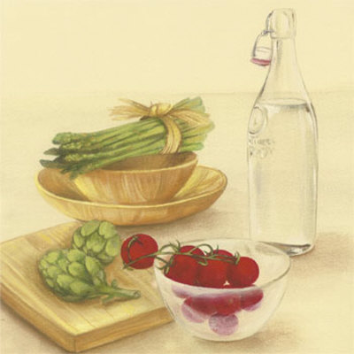 Cutting Board With Asparagus And Tomatoes by David Col Pricing Limited Edition Print image