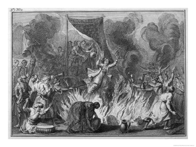 An Indian Widow Leaps Into The Flames Joining Her Dead Husband On The Funeral Pyre by Bernard Picart Pricing Limited Edition Print image