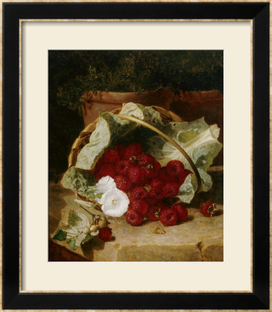 Raspberries In A Cabbage Leaf Lined Basket With White Convulus On A Stone Ledge, 1880 by Eloise Harriet Stannard Pricing Limited Edition Print image