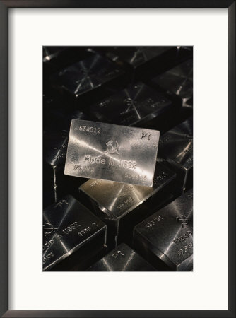 Close-Up Of Platinum Ingots Bearing The Made In The Ussr Symbol by Cotton Coulson Pricing Limited Edition Print image