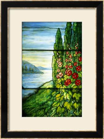 A Mountainous Lake Scene With Red Blossoming Hollyhocks And Arbor by Tiffany Studios Pricing Limited Edition Print image