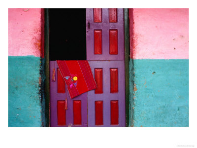 Woven Shawl Hanging On Maya House Door, Mexico by Jeffrey Becom Pricing Limited Edition Print image