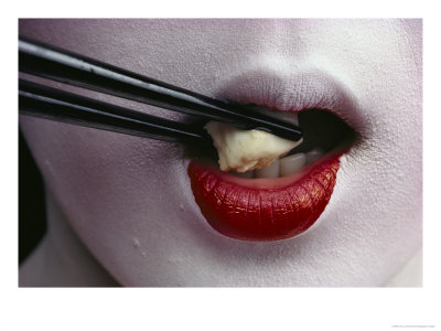 Close View Of A Geisha Eating Tofu With Chopsticks by Chris Johns Pricing Limited Edition Print image