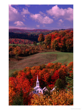 The White Steeple Of A Church Among Colourful Autumn Leaves, Vermont, Waitsfield, Usa by Mark Newman Pricing Limited Edition Print image