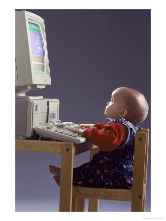 Baby Sitting At Desk Using Computer by Kevin Leigh Pricing Limited Edition Print image