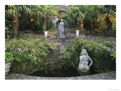 Lamorran House, Cornwall Formal Pond With Statues Cyprus, Trachycarpus, Osteospermum by Mark Bolton Pricing Limited Edition Print image