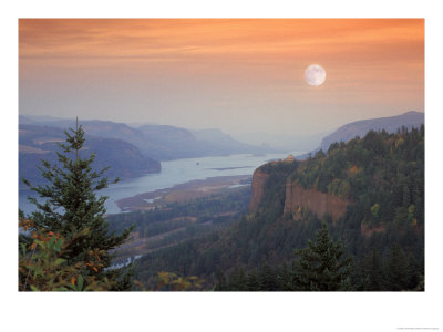 Moon Hangs Over The Vista House, Crown Point, Columbia River Gorge, Oregon, Usa by Janis Miglavs Pricing Limited Edition Print image