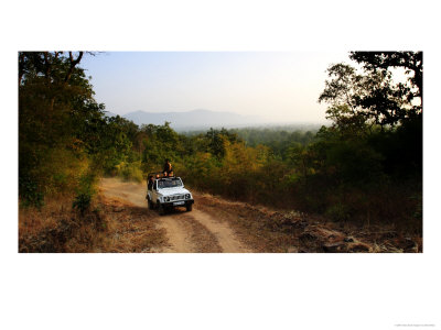 Tiger Tourism, Jeep Travelling With Forest Of Bandhavgarh In Background, Madhya Pradesh, India by Elliott Neep Pricing Limited Edition Print image