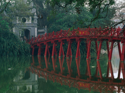 Huc Bridge Reflected In Still Waters Of Hoan Kiem Lake, Hanoi, Vietnam by Anders Blomqvist Pricing Limited Edition Print image