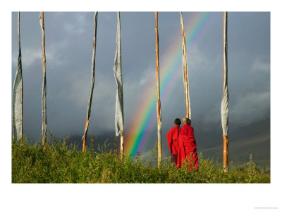 Rainbow And Monks With Praying Flags, Phobjikha Valley, Gangtey Village, Bhutan by Keren Su Pricing Limited Edition Print image