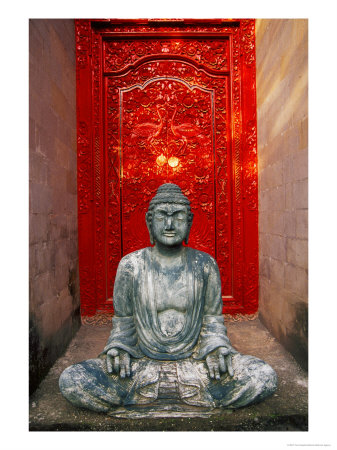 Buddha At Ornate Red Door, Ubud, Bali, Indonesia by Tom Haseltine Pricing Limited Edition Print image