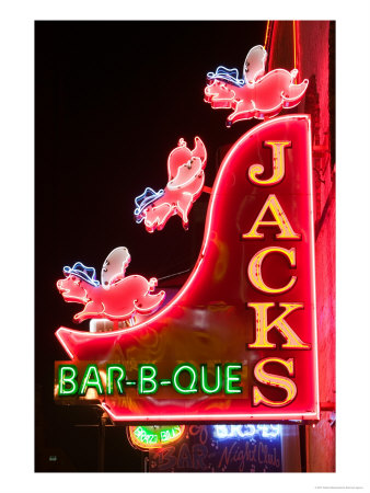 Neon Sign For Jack's Bbq Restaurant, Lower Broadway Area, Nashville, Tennessee, Usa by Walter Bibikow Pricing Limited Edition Print image