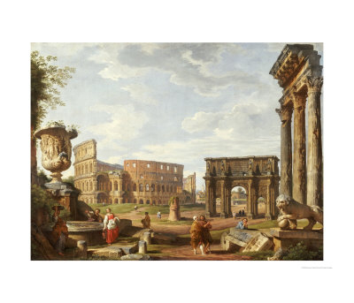 A Capriccio View Of Rome With The Colosseum, The Arch Of Constantine, 1743 by Giovanni Paolo Pannini Pricing Limited Edition Print image