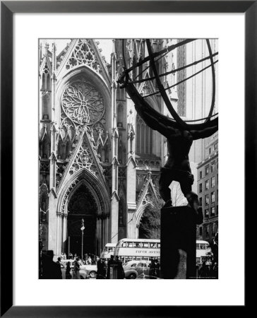 Entrance To St. Patrick's Visible Across Fifth Avenue, With Atlas Statue Silhouetted In Foreground by Andreas Feininger Pricing Limited Edition Print image