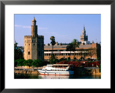 Boat On River In Front Of Torre Del Oro, Sevilla, Andalucia, Spain by John Elk Iii Pricing Limited Edition Print image