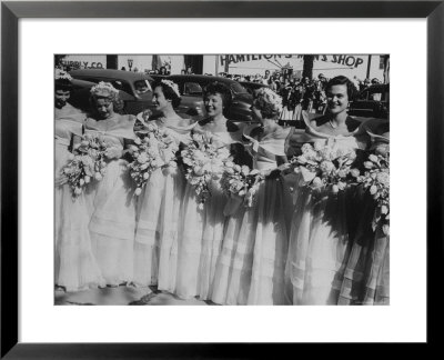 Six Bridesmaids Pose Together In White Organdy Gowns For Elizabeth Taylor And Nicky Hilton Wedding by Ed Clark Pricing Limited Edition Print image
