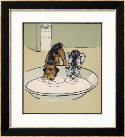 Dog And A Cat Drink Milk From A Large Bowl by Cecil Aldin Pricing Limited Edition Print image