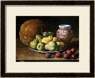 Pears On A Plate, A Melon, Plums, And A Decorated Manises Jar With Plums On A Wooden Ledge by Luis Melendez Pricing Limited Edition Print image